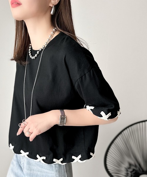 tシャツ 華やかさとこなれ感を両立！レースアップデザインクロップドＴシャツ(半袖) レディース | classicalelf | 06