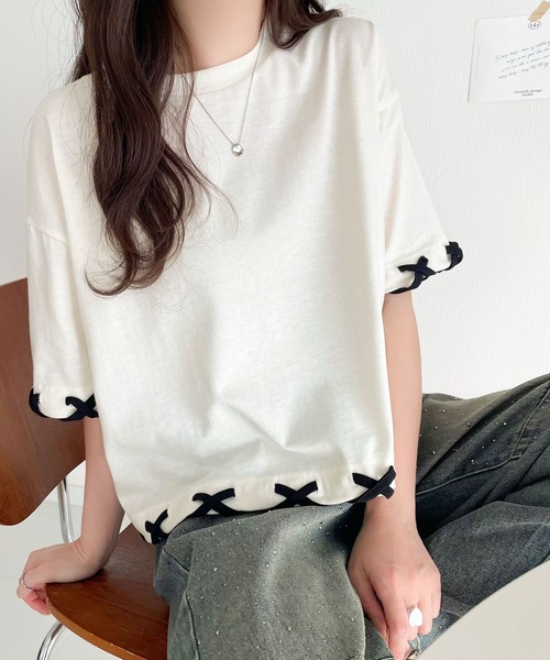 tシャツ 華やかさとこなれ感を両立！レースアップデザインクロップドＴシャツ(半袖) レディース | classicalelf