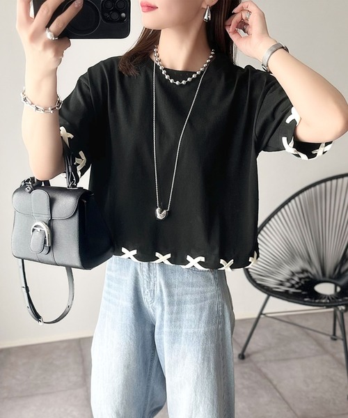 tシャツ 華やかさとこなれ感を両立！レースアップデザインクロップドＴシャツ(半袖) レディース | classicalelf | 24