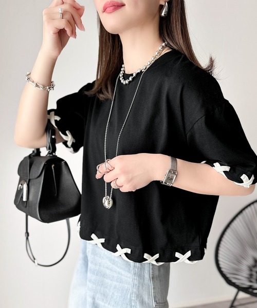 tシャツ 華やかさとこなれ感を両立！レースアップデザインクロップドＴシャツ(半袖) レディース | classicalelf | 23