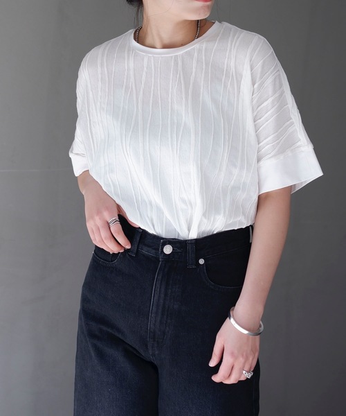 ELLIE◆半袖カットソー/FREE/コットン/WHT/総柄/ec-24005 Beコルテドルマンカットソー(半袖) F 【メール便対応可