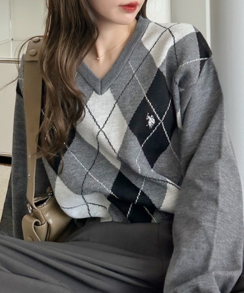 ニット セーター 「Ada.別注 U.S. POLO ASSN」アーガイル Vネック トラッド ニット レディース