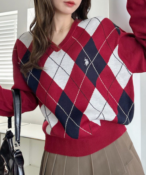 ニット セーター 「Ada.別注 U.S. POLO ASSN」アーガイル Vネック トラッド ニット レディース