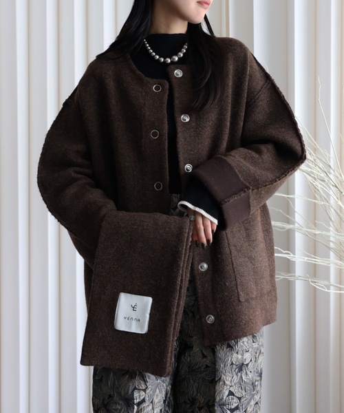 【中古】ソブ ダブスタ コーディガン ニットジャケット カシミヤ 38 ノーカラー ドローストリング ウエストリボン YENNA コート アウター ダブルフェースニットブルゾン+マフラー付き