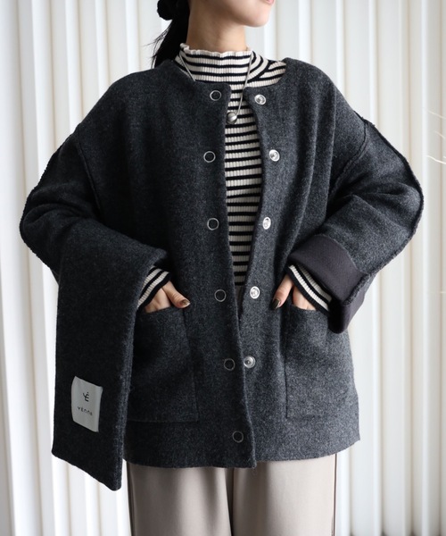 YENNA コート アウター ダブルフェースニットブルゾン+マフラー付き