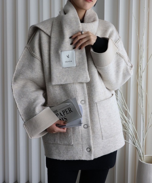 YENNA コート アウター ダブルフェースニットブルゾン+マフラー付き
