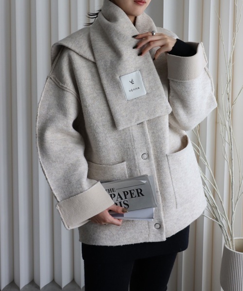 YENNA コート アウター ダブルフェースニットブルゾン+マフラー付き