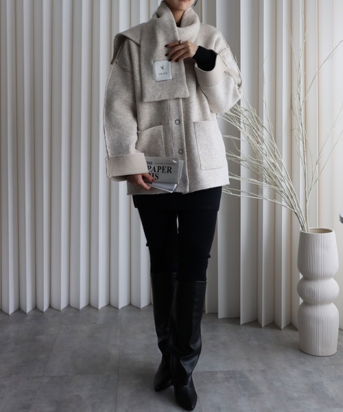 YENNA コート アウター ダブルフェースニットブルゾン+マフラー付き