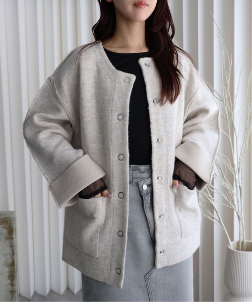 YENNA コート アウター ダブルフェースニットブルゾン+マフラー付き