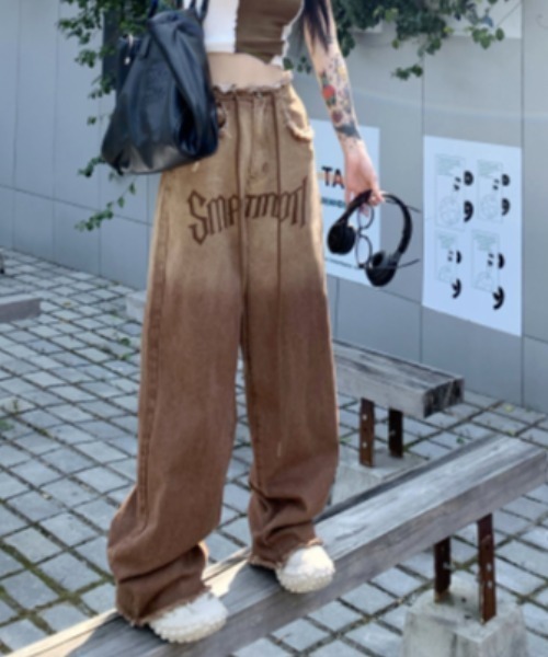 「GEMEDA」 「achic」加工デニムパンツ L ブラウン レディース