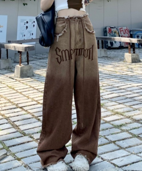 「GEMEDA」 「achic」加工デニムパンツ L ブラウン レディース