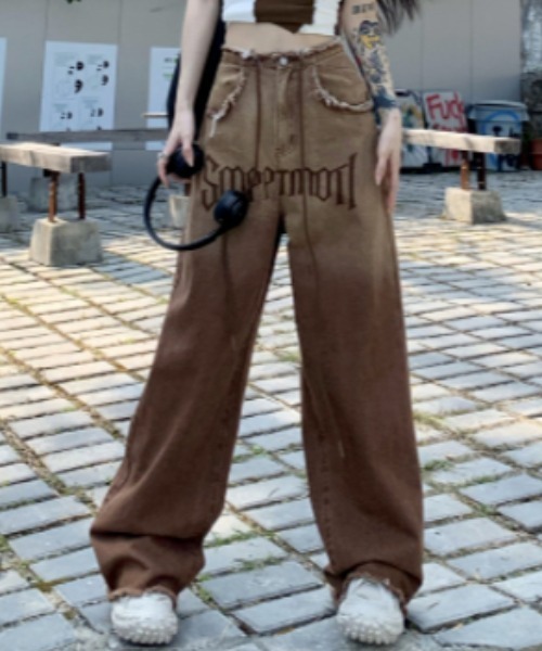 「GEMEDA」 「achic」加工デニムパンツ L ブラウン レディース