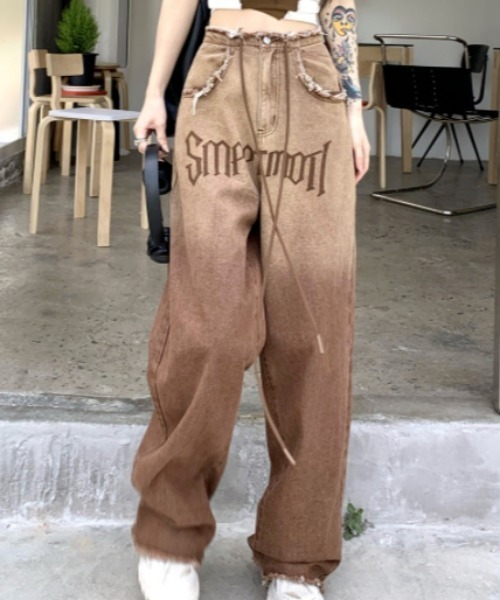 「GEMEDA」 「achic」加工デニムパンツ L ブラウン レディース