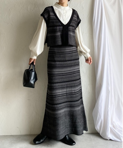 She's Closet セットアップ 配色ジャガード深vネックニットベスト