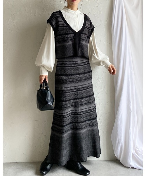 She's Closet セットアップ 配色ジャガード深vネックニットベスト