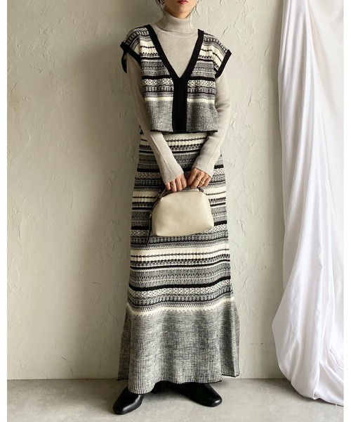 ジャケット・スカート・ニットベストその他セット She's Closet セットアップ ミックスカラー配色ループヤーン深vネック