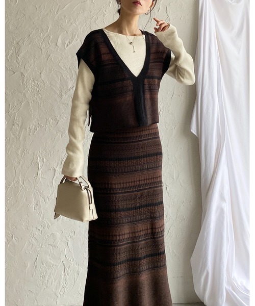 She's Closet セットアップ 配色ジャガード深vネックニットベスト
