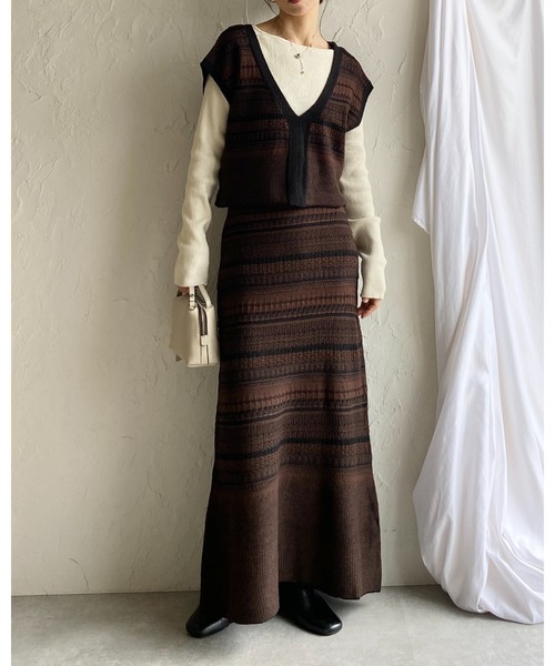 She's Closet セットアップ 配色ジャガード深vネックニットベスト