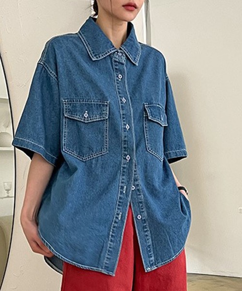 「DAY CLOSET」 半袖シャツ ONE SIZE サックスブルー レディース_画像4