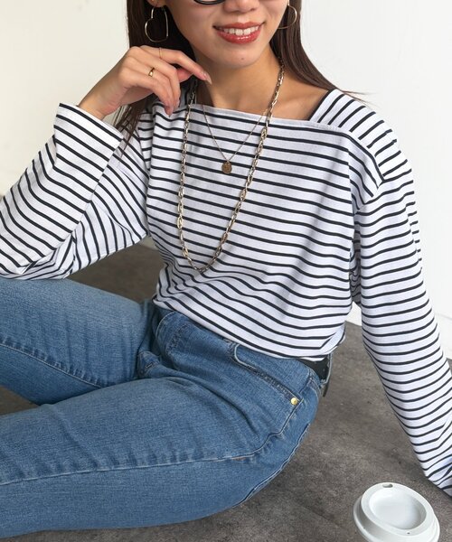 Chez toi（シェトワ） tシャツ スクエアボーダーカットソー レディース
