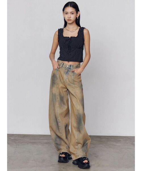 ジーンズ デニム デニムパンツ ヴィンテージシェードボリュームジーンズ レディースの画像