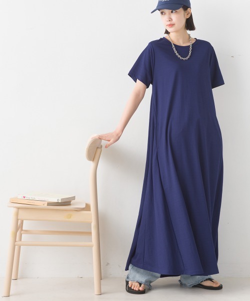 ミニマム＆シックな接触冷感のレーヨンロゴワンピース 接触冷感リネンレーヨンフレアワンピース[品番：COEW0005574