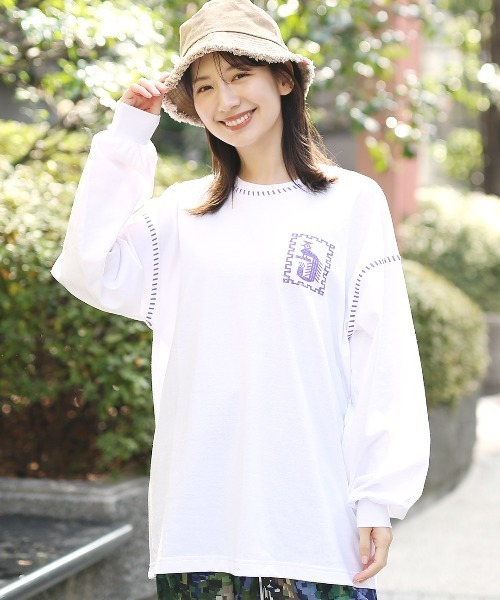 tシャツ カラーステッチ刺繍ロングＴシャツ レディース