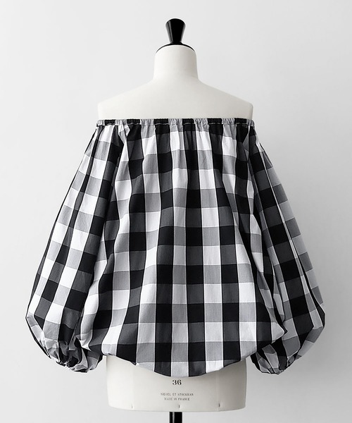 ELFRANK ブラウス シャツ 2WAYブロックチェックオフショルダー