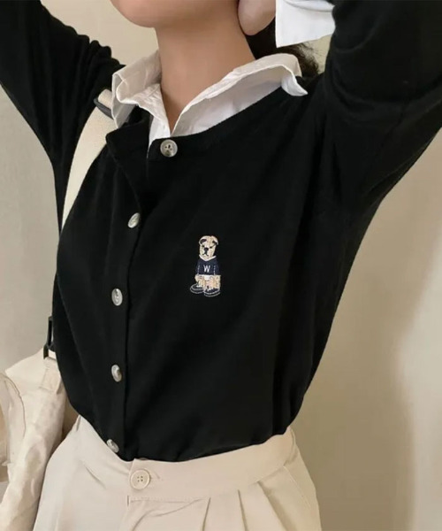 カーディガン くまちゃんロゴ 刺繍 ニットカーディガン レディース  