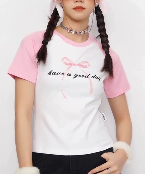 tシャツ A'GEM/9 × .kom 「CORYSTUDIO/コリースタジオ」リボンラグランカットソー レディース