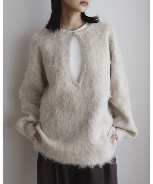 ニット セーター ミックスシャギー　キーネックニット レディース hellam ニット セーター ミックスシャギー キーネックニット