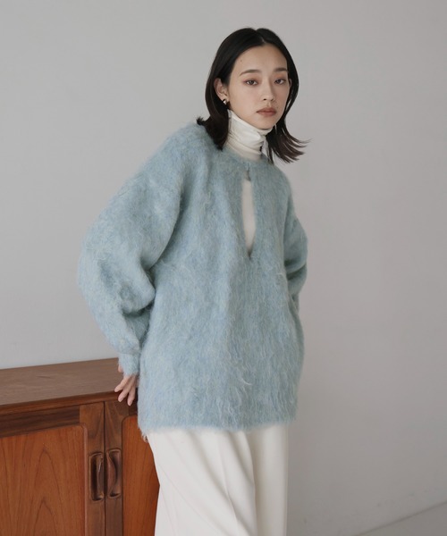 ニット セーター ミックスシャギー　キーネックニット レディース hellam ニット セーター ミックスシャギー キーネックニット