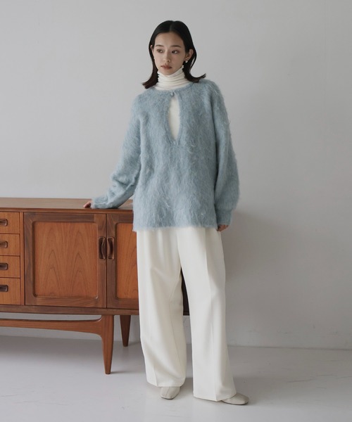 ニット セーター ミックスシャギー　キーネックニット レディース hellam ニット セーター ミックスシャギー キーネックニット