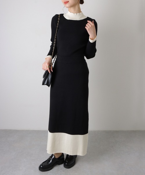 ワンピース bicolor knit ribbed long dress /「2点セット」バイカラー
