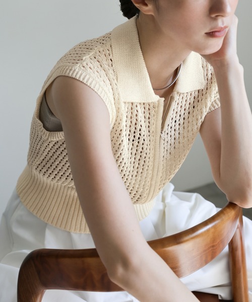 メッシュニットベアトップス セール】mech knit bicolor tops / バイカラーメッシュニット