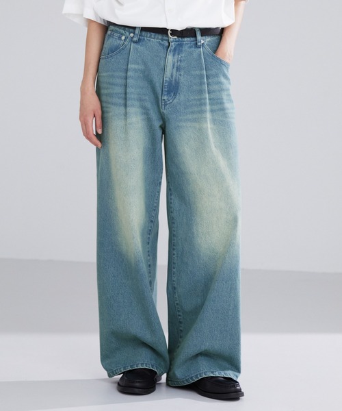 男女兼用 ワイドレッグ ジーンズ ストレートルーズ デニムパンツ LUENNA ジーンズ 「LUENNA」One-Tuck Wide Straight Denim Pants