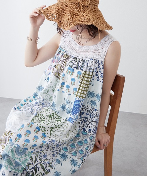 non non dorl｜パッチワークレース ロングワンピース　ヴィンテージ パッチワーク刺繍デザインロングスリーブワンピース W1225