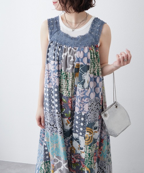 non non dorl｜パッチワークレース ロングワンピース　ヴィンテージ パッチワーク刺繍デザインロングスリーブワンピース W1225
