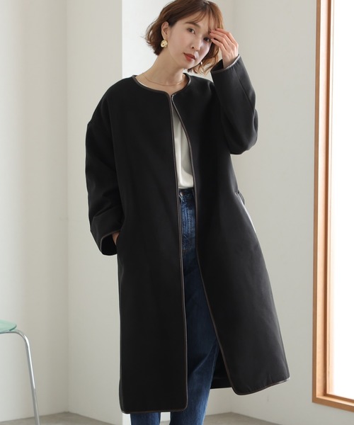 「ElegChic」 ノーカラーコート L ベージュ レディース