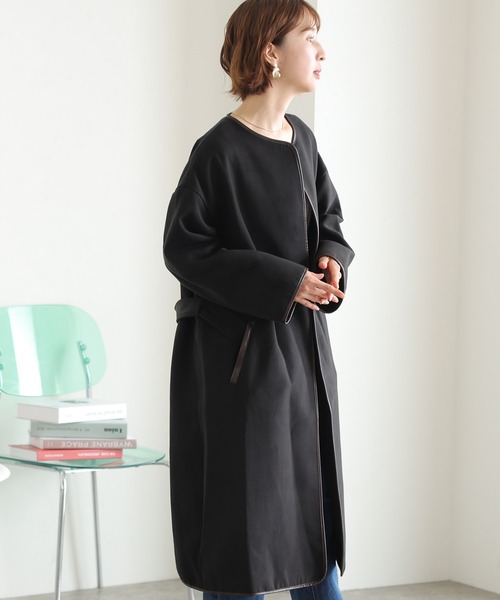 「ElegChic」 ノーカラーコート L ベージュ レディース