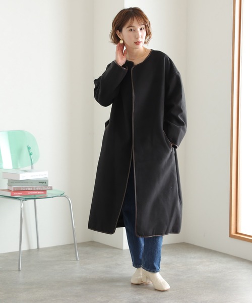 「ElegChic」 ノーカラーコート L ベージュ レディース