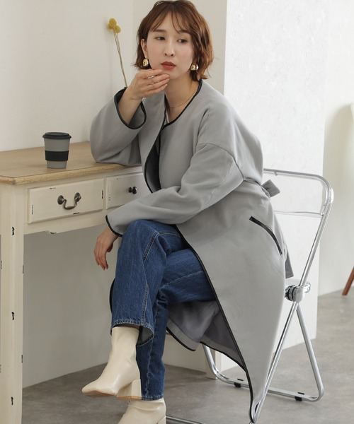 「ElegChic」 ノーカラーコート L ベージュ レディース