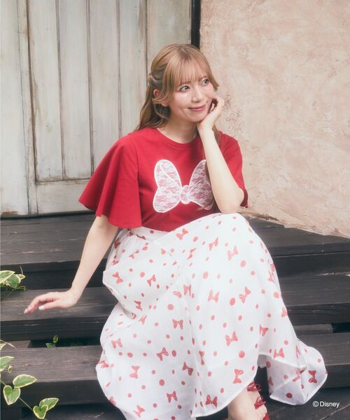 tシャツ ミニー / フレアスリーブレースリボンTシャツ レディース Disney tシャツ ミニー / フレアスリーブレースリボンTシャツ