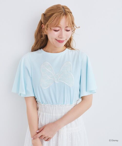 tシャツ ミニー / フレアスリーブレースリボンTシャツ レディース Disney tシャツ ミニー / フレアスリーブレースリボンTシャツ