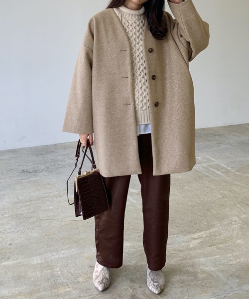 「LIAN」 ノーカラーコート FREE モカ レディース_画像4