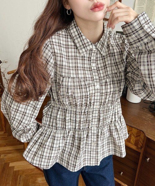 moment+ ブラウス シャツ シャーリングビスチェデザイン長袖チェック