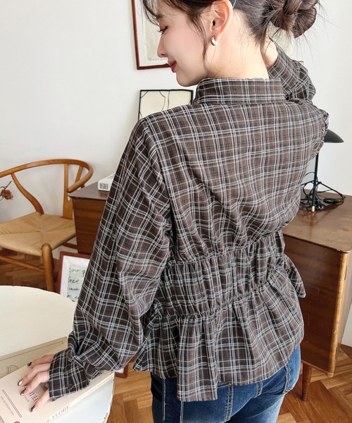 moment+ ブラウス シャツ シャーリングビスチェデザイン長袖チェック