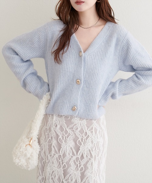 natural couture カーディガン 「WEB限定」ウール混片畦編みニット