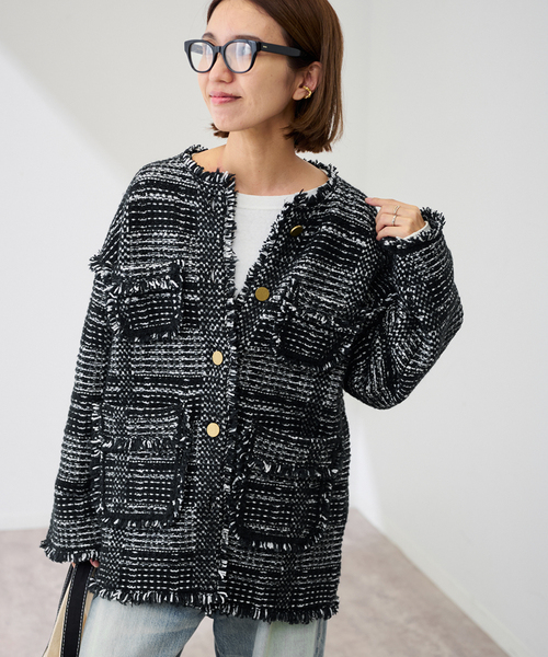 ショートツイードライクニットジャケット