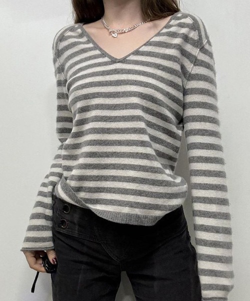 Lis ardent ニット セーター ボーダーVネックニットプルオーバー